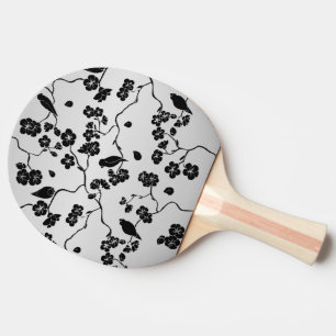 Black on Silver Pattern Birds and Cherry Blossoms Ping Pong Paddle