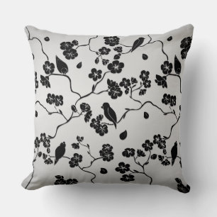 Black on Silver Pattern Birds and Cherry Blossoms Throw Pillow