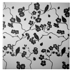 Black on Silver Pattern Birds and Cherry Blossoms Tile