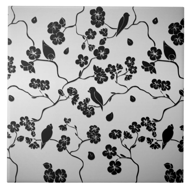Black on Silver Pattern Birds and Cherry Blossoms Tile (Front)