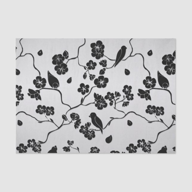 Black on Silver Pattern Birds and Cherry Blossoms  Tissue Paper (Front)
