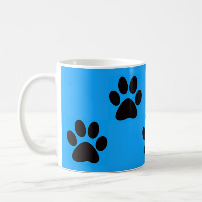 Black on Turquoise Large Cat Paw Print Coffee Mug (Left)