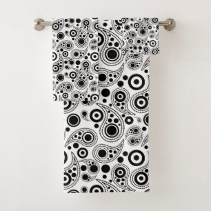 Black on White circle dots paisley style pattern Bath Towel Set