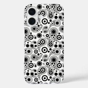 Black on White circle dots paisley style pattern iPhone 16 Case