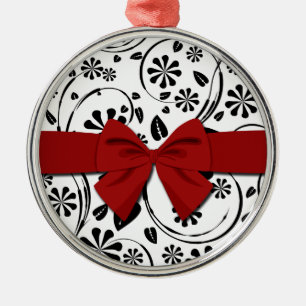Black on White Daisy Flower Pattern Metal Ornament