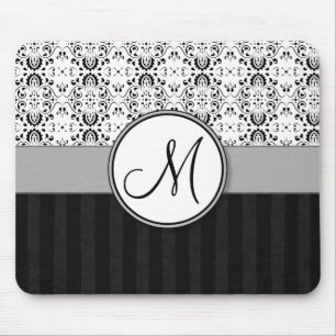 Black on White Damask and Stripes with Monogram Mouse Pad