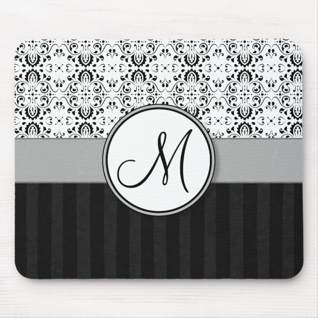 Black on White Damask and Stripes with Monogram Mouse Pad (Front)