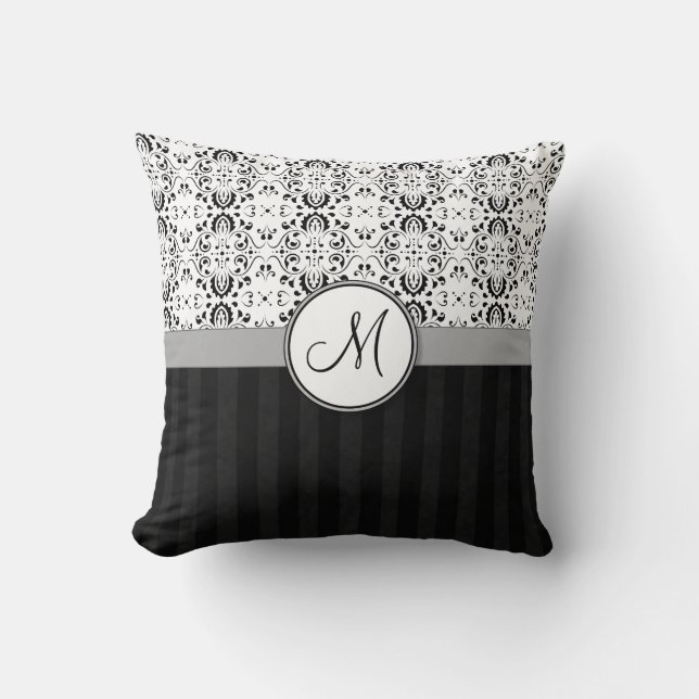 Black on White Damask and Stripes with Monogram Throw Pillow (Front)