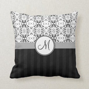Black on White Damask and Stripes with Monogram Throw Pillow
