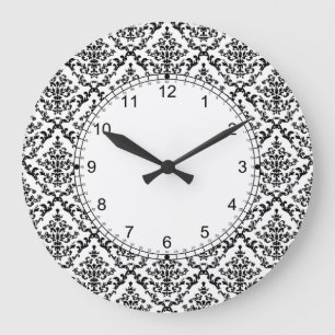 Black on White Damask Pattern Large Clock