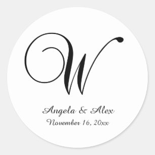 Black on White Decorative Script Monogram W Classic Round Sticker
