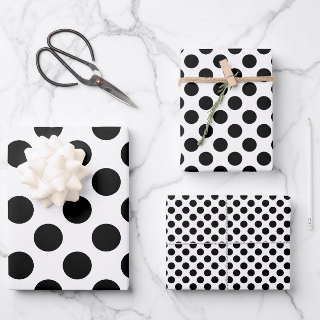 Black on White Different Sizes Polka Dots Wrapping Paper Sheet (Front)