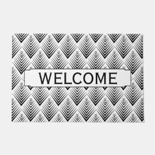 Black on White Fan Flower Art Deco Pattern     Doormat