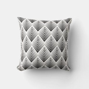 Black on White Fan Flowers Art Deco Pattern    Throw Pillow