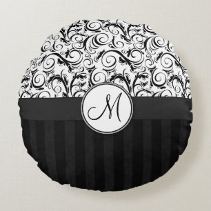 Black on White Floral Curls, Stripes & Monogram Round Pillow