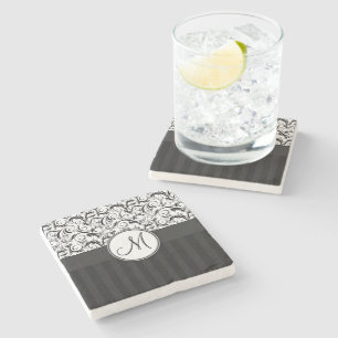 Black on White Floral Curls, Stripes & Monogram Stone Coaster