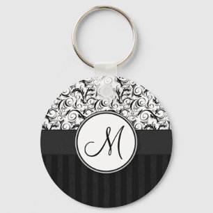 Black on White Floral Wisps, Stripes & Monogram Keychain