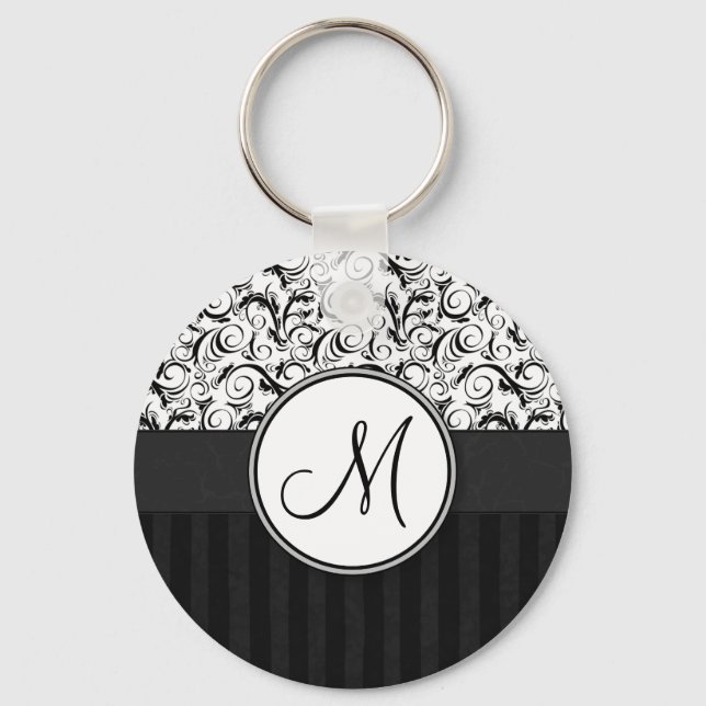 Black on White Floral Wisps, Stripes & Monogram Keychain (Front)