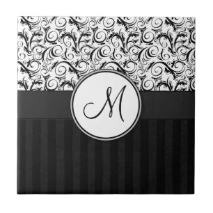 Black on White Floral Wisps, Stripes & Monogram Tile