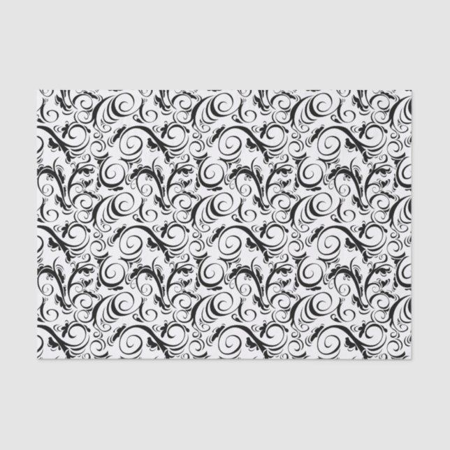Black on White Floral Wisps, Stripes & Monogram Tissue Paper (Front)