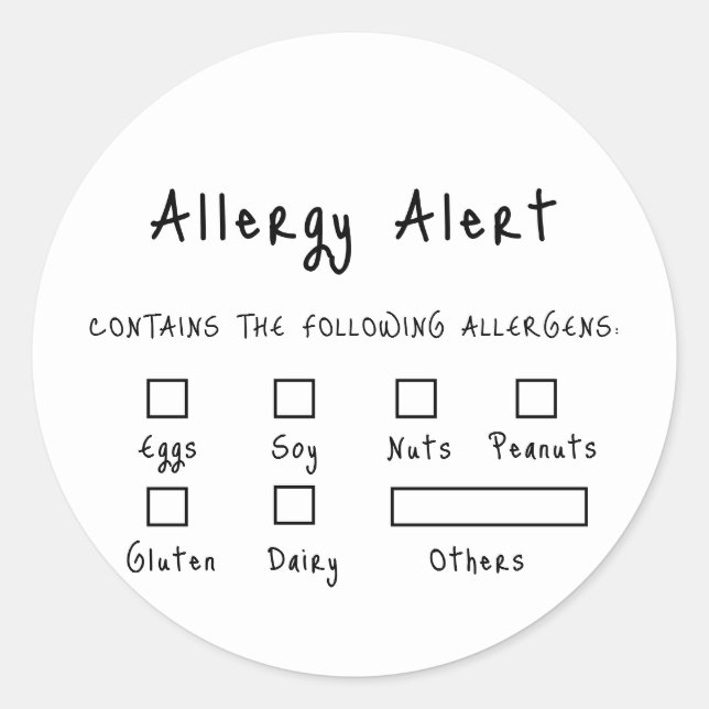 Black on White Food Safety Allergy Alert  Classic Round Sticker (Front)