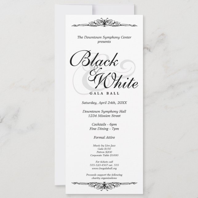 Black on white gala ball dance corporate long invitation (Front)