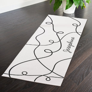 Black On White Geometric Loops Pattern And Name Yoga Mat