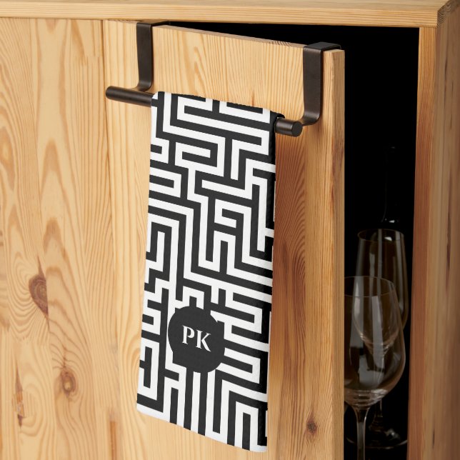 Black On White Geometric Maze Pattern Kitchen Towel (Thirds Fold)
