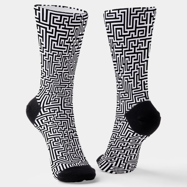 Black On White Geometric Maze Pattern Socks (Angled)