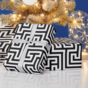 Black On White Geometric Maze Pattern Wrapping Paper