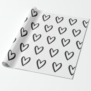 Black on White Handdrawn Hearts Wrapping Paper