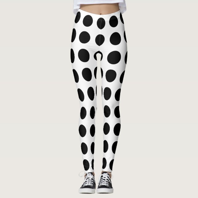 Black on White Large Size Horizontal Polka Dots Leggings (Front)
