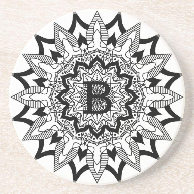 Black on white mandala monogram coaster (Front)