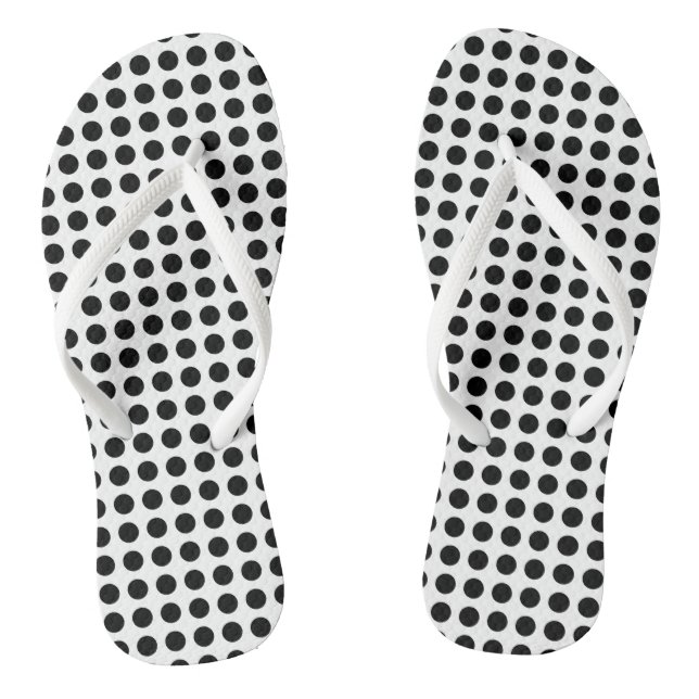 Black on White Medium Size Horizontal Polka Dots Flip Flops (Footbed)