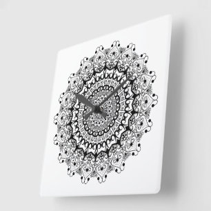 Black on white ornate mandal pattern square wall clock