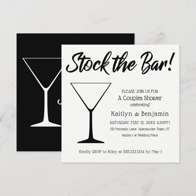 Black on White Script Stock the Bar Couples Shower Invitation (Front/Back)