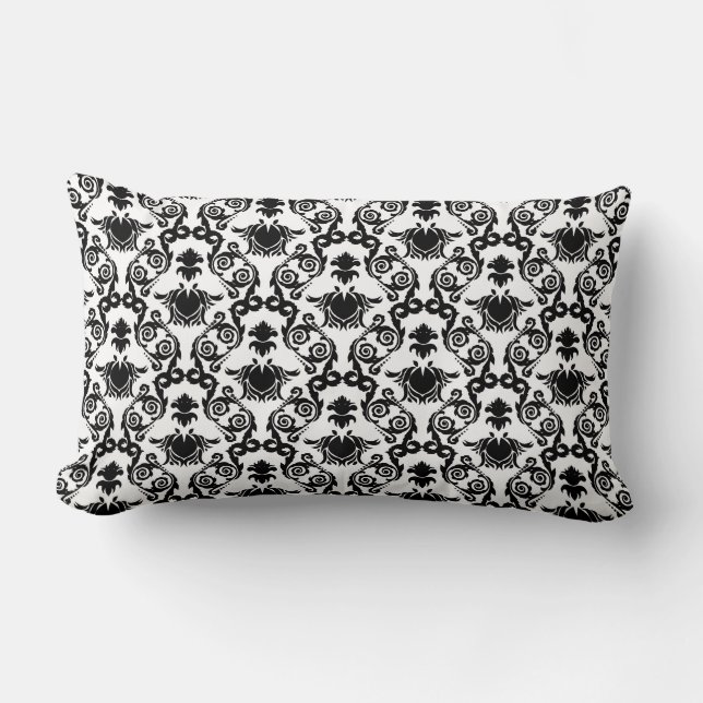 Black on White Tulip Damask Pattern Lumbar Pillow (Front)