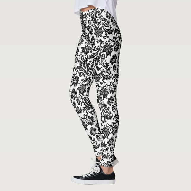Black On White Vintage Damasks Pattern Leggings (Left)