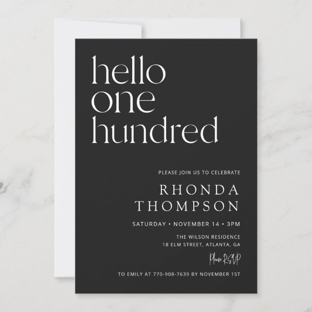 Black One Hundred Classic Simple 100th Birthday Invitation (Front)