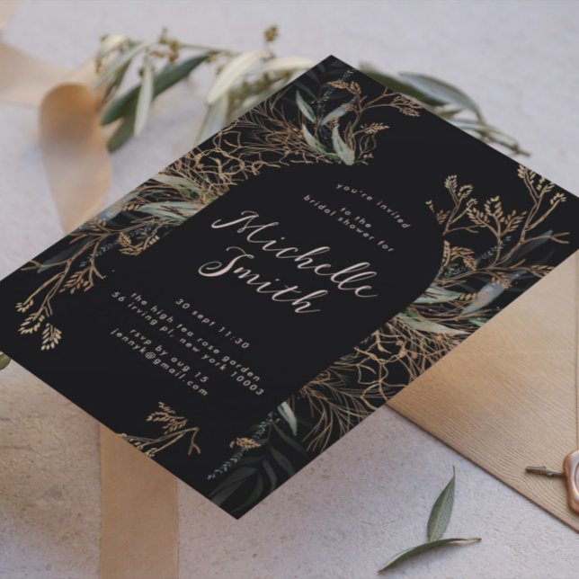 Black Onyx Modern Gold Boho Leafy Bridal Shower Invitation (Creator Uploaded)