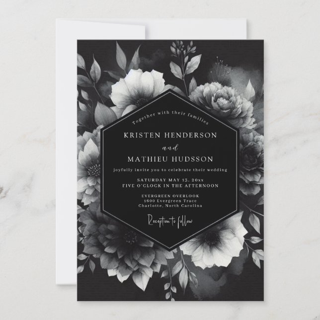 Black Opulent Floral Romance Wedding Invitation (Front)