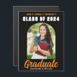 Black Orange 2024 Graduation Photo Arch Magnet<br><div class="desc">This modern orange and black custom senior photo graduate announcement magnet features your high school or college name for the class of 2024. Customize with your name under the chic,  bold handwritten script and black grad cap for a great personalized graduation magnetic card.</div>