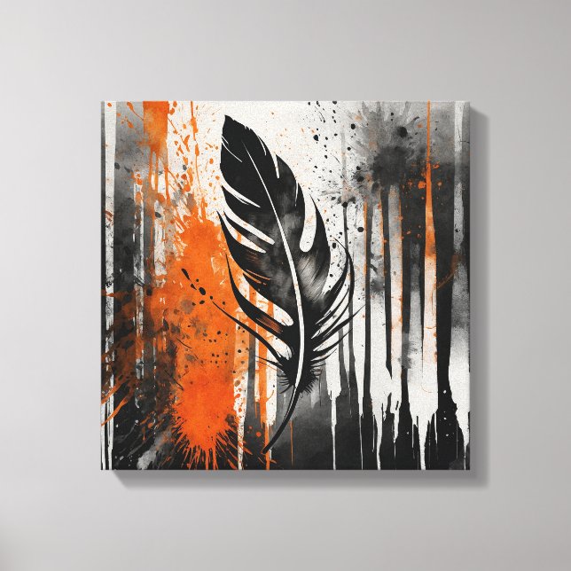 Black Orange Abstract feather Watercolor wall art (Front)