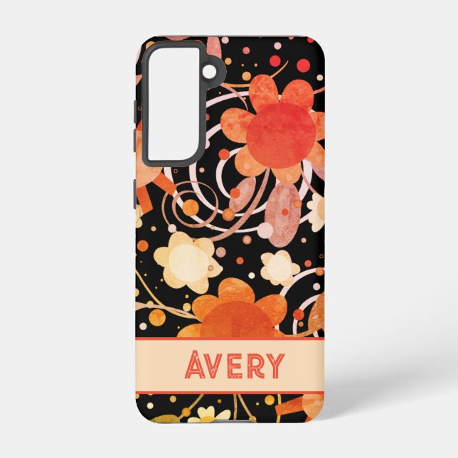 Black Orange Abstract Floral Customized Modern Samsung Galaxy S21 Case (Back)