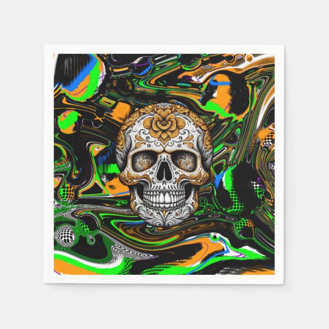 Black Orange and Lime Green Sugar Skull Art Napkin (Front)