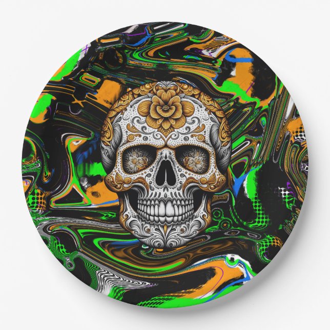 Black Orange and Lime Green Sugar Skull Art Paper Plate (Front)