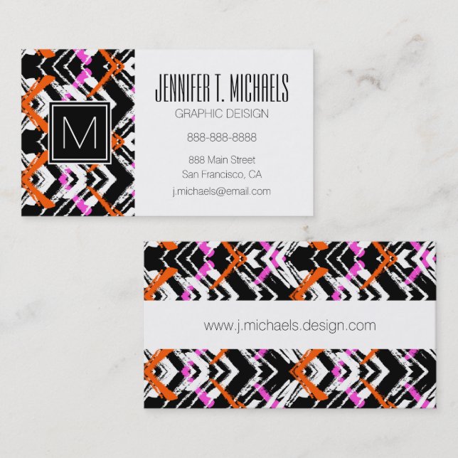 Black, Orange, And Pink Hand Drawn Arrow Pattern Business Card (Front/Back)