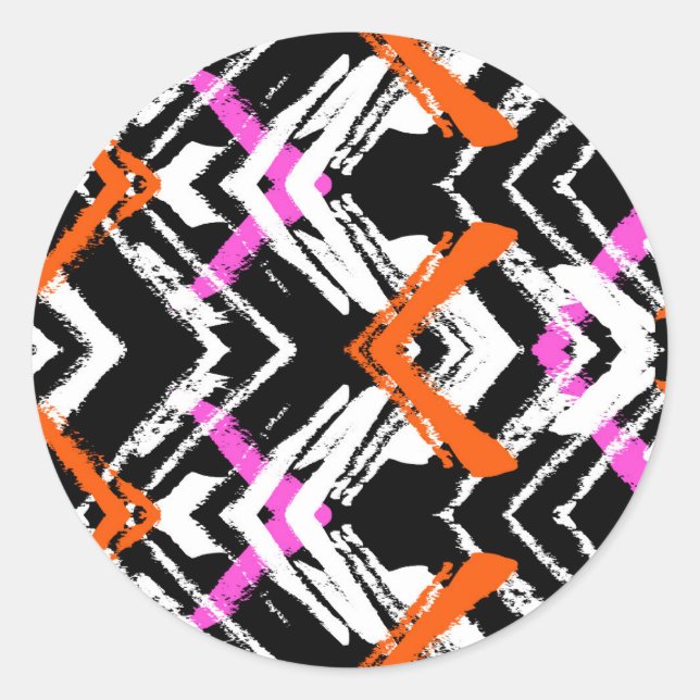 Black, Orange, And Pink Hand Drawn Arrow Pattern Classic Round Sticker (Front)