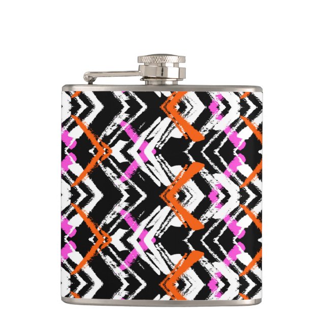 Black, Orange, And Pink Hand Drawn Arrow Pattern Hip Flask (Front)