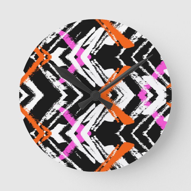 Black, Orange, And Pink Hand Drawn Arrow Pattern Round Clock (Front)